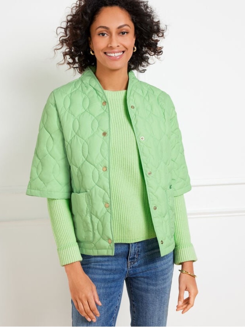 Talbots Light Green Quilted Short-Sleeve Jacket Size S | Lightweight Layering